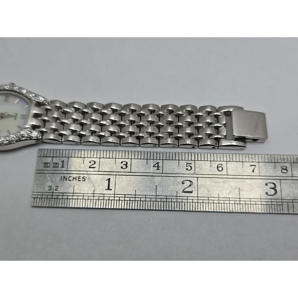 DMQ Diamonique Womens Silver Tone Mother Of Pearl Swiss Quartz Watch New Battery